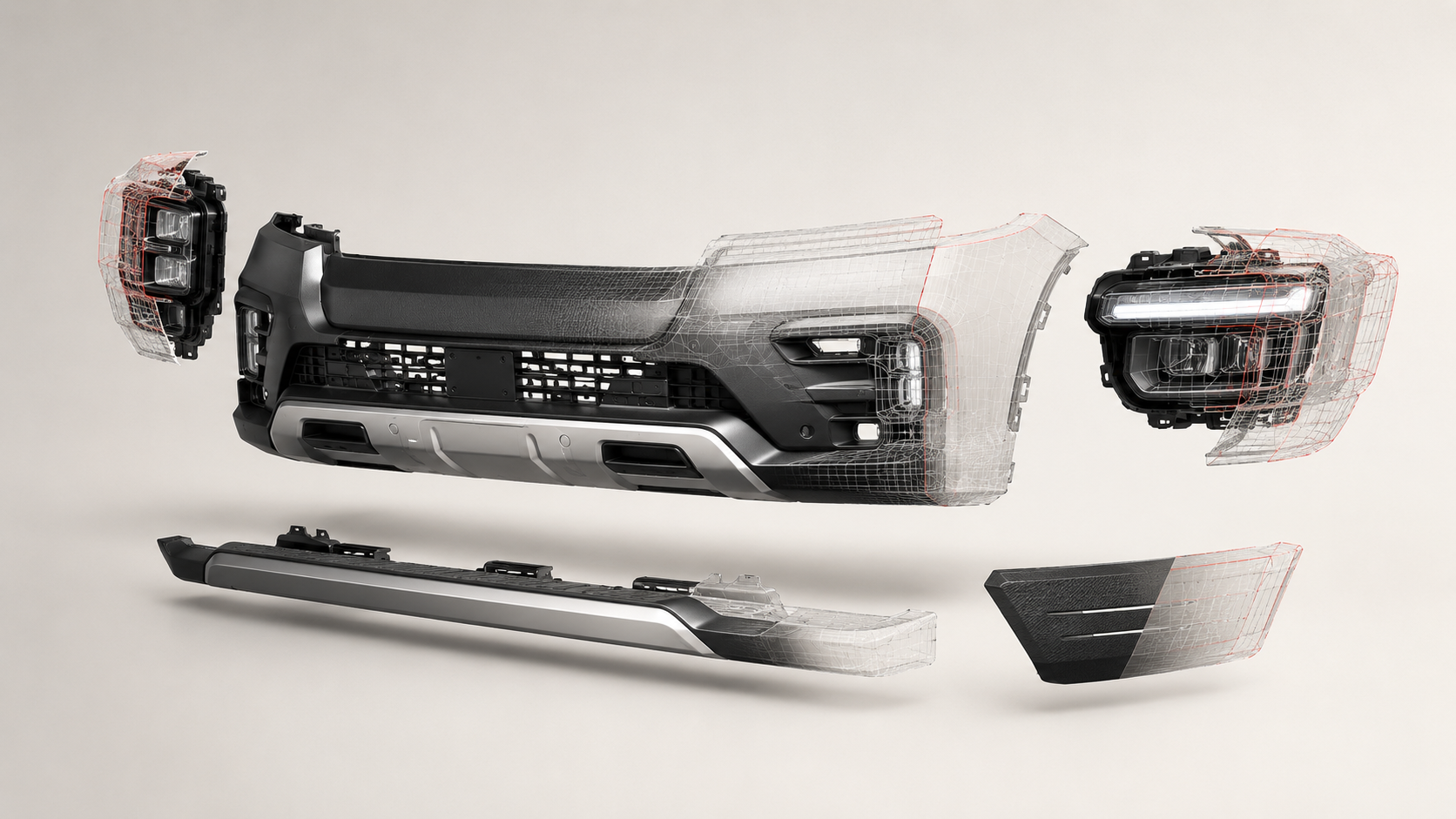 Illustration of bumper, lighting and exterior components